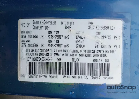 2004 Dodge Ram 1500 Slt/Laramie z USA, uszkodzony, nr VIN 1D7HA18D54S514049